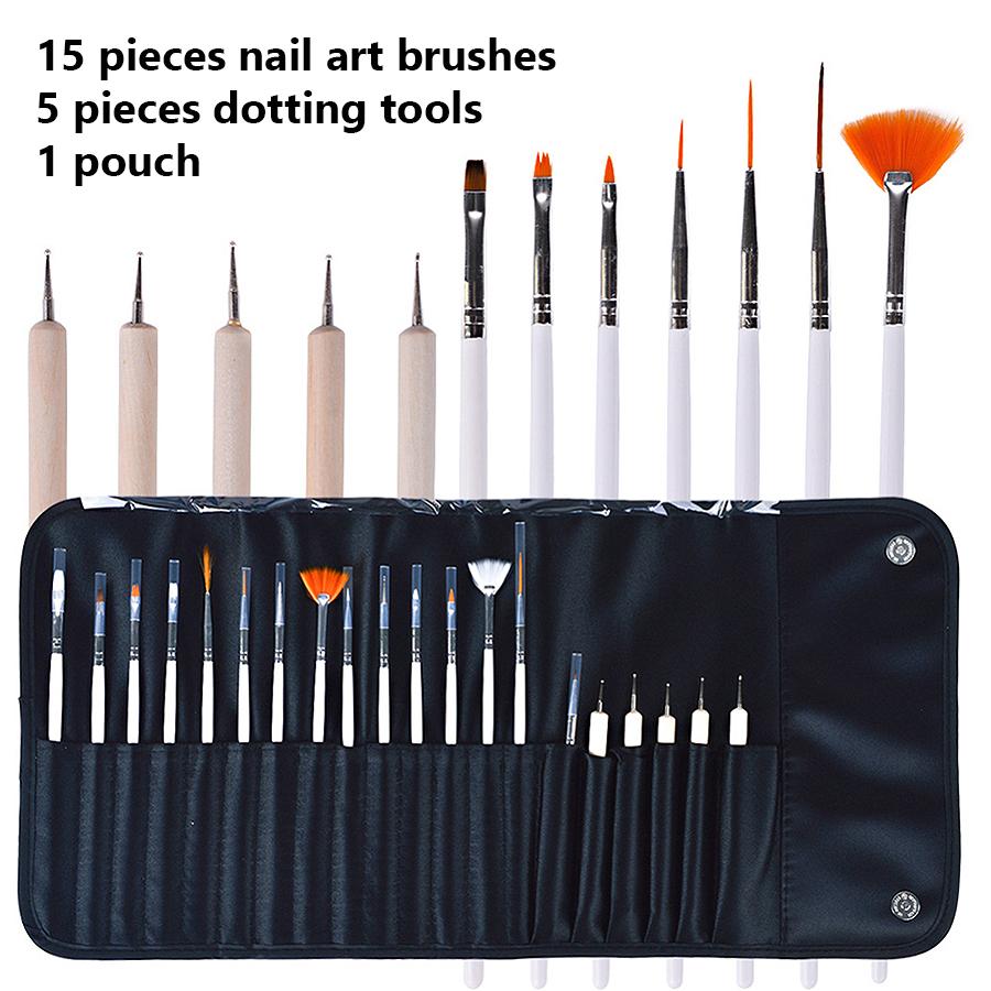 20Pcs Nail Art Brushes Set, Dotting Pens Fine Liner Striping Drawing Brushes with Portable Storage Bag