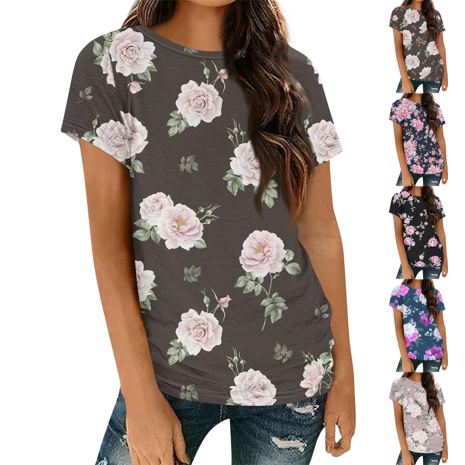 

Женский повседневный свободный топ с короткими рукавами и круглым вырезом с цветочным принтом
