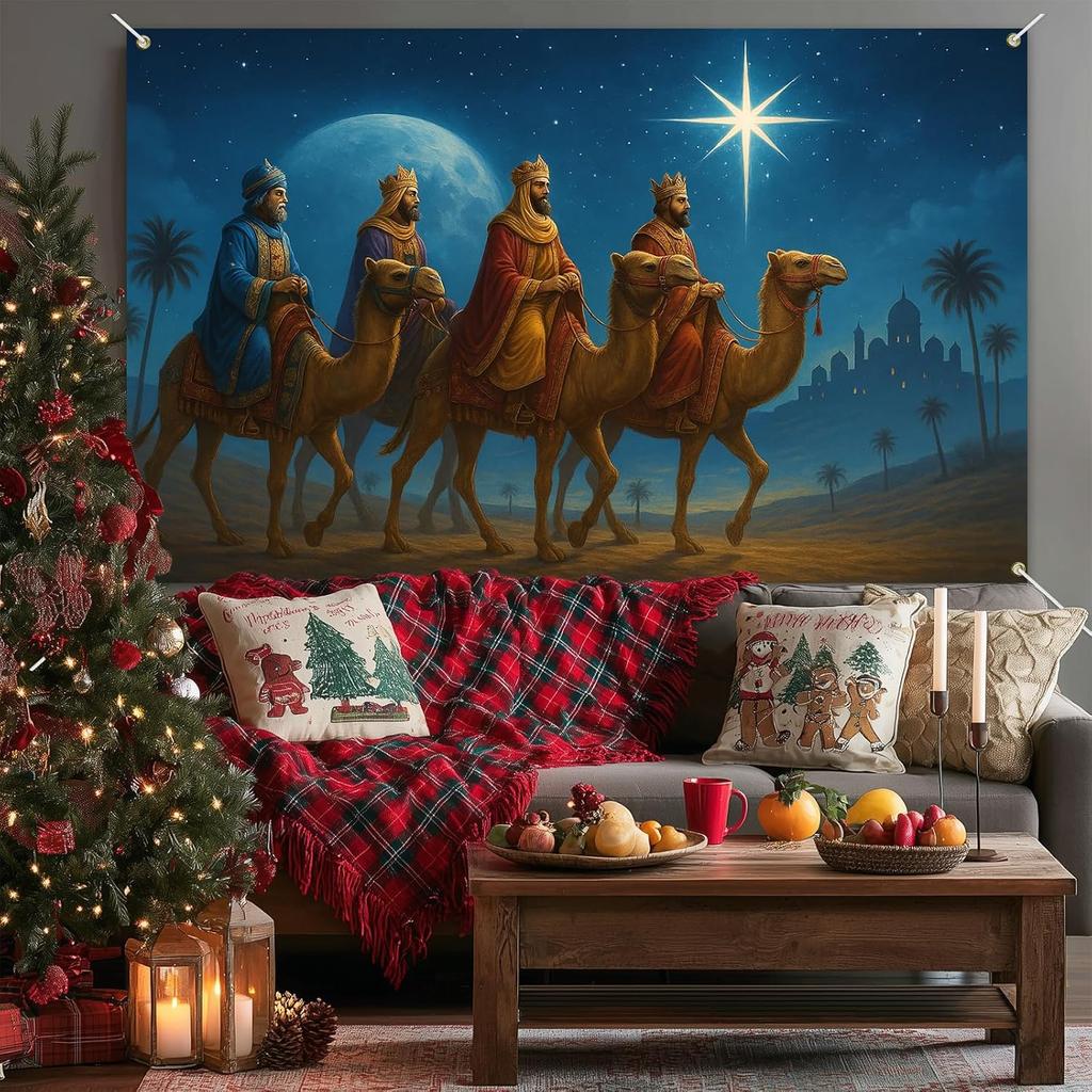 Three Kings Banner 71x43 Inch Three Wise Men Nativity Scene Holiday Backdrop Star of Bethlehem Religious Background for Indoor Outdoor Xmas Party