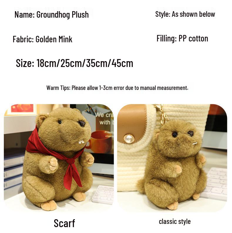 Red Scarf Marmot Plush Toy - Cute Mouse Figurine & Realistic Beaver with Big Incisors, Perfect Kids' Birthday Gift