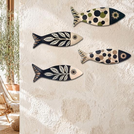 4Pcs Wooden Fish Wall Decor, Rustic Farmhouse Ocean Fish Wall Art, Vintage Beach Nautical Coastal Theme Fish Decor for Home Lake Ocean Bathroom