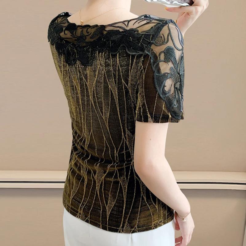Summer Women T-Shirt Chic Sexy Lace Hollow Embroidery Flower Patchwork Mesh Tops Elegant O-Neck Diamonds Short Sleeve Tees