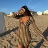 12153 European And American Autumn Women'S New Yarn-Dyed Striped Slim-Fitting Deep V-Neck Horn Long-Sleeved Hip-Wrapped Dress