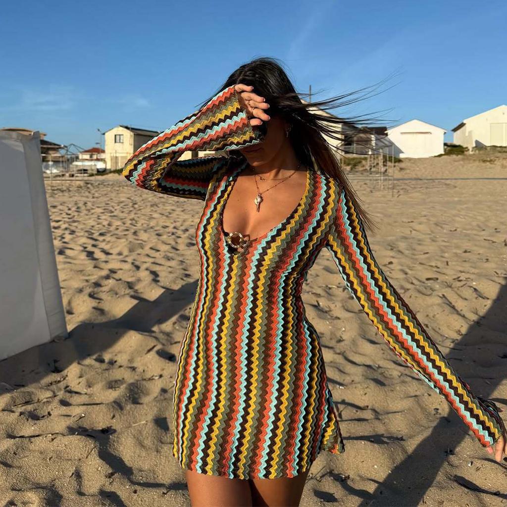 12153 European And American Autumn Women'S New Yarn-Dyed Striped Slim-Fitting Deep V-Neck Horn Long-Sleeved Hip-Wrapped Dress