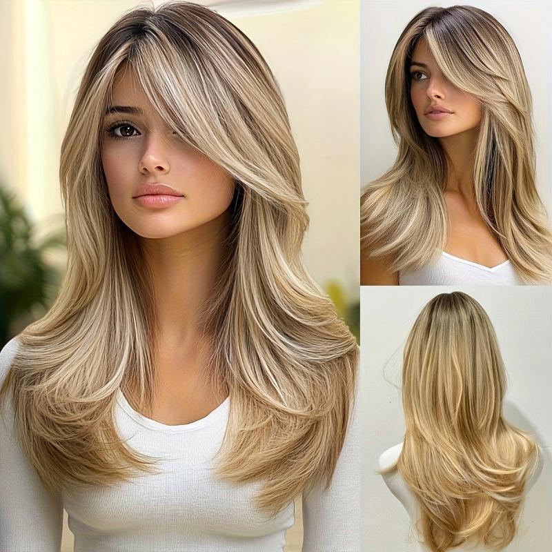 Women Medium Length Wave Hair with Bangs Synthetic Golden Brown Blonde Wigs Heat Resistant Fibre for Daily Cosplay