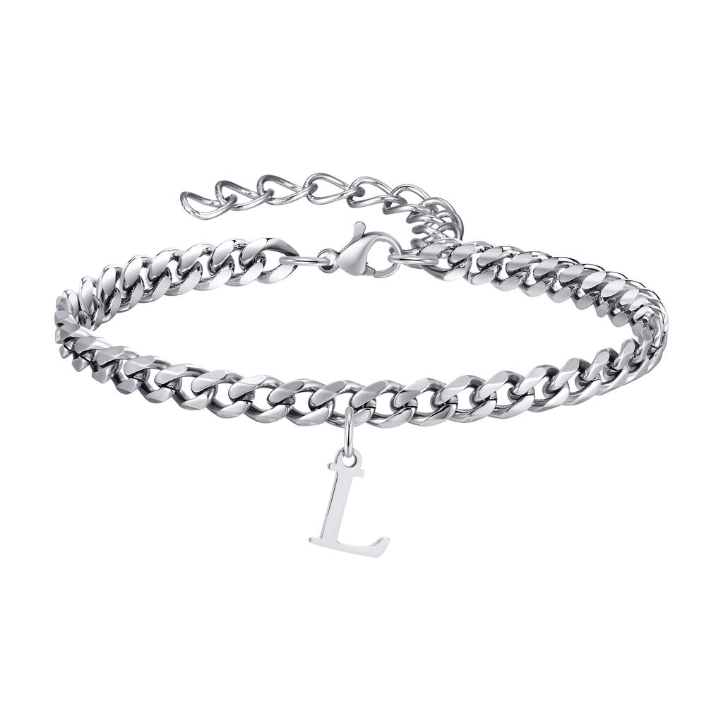 Mens Initials Cuban Links Bracelets,Stainless Steel A-Z 26 Letters Alphabet Charm Chain Wristband Adjustable,Casual Jewelry Gift