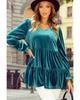 Azura Exchange Sea Green Velvet V Neck Peplum Hem Puff Sleeve Blouse