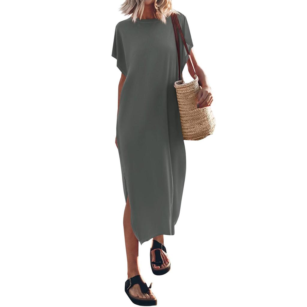 Abito Lungo T-shirt Colorato Estivo da Donna Girocollo Casual Ampio Spacco