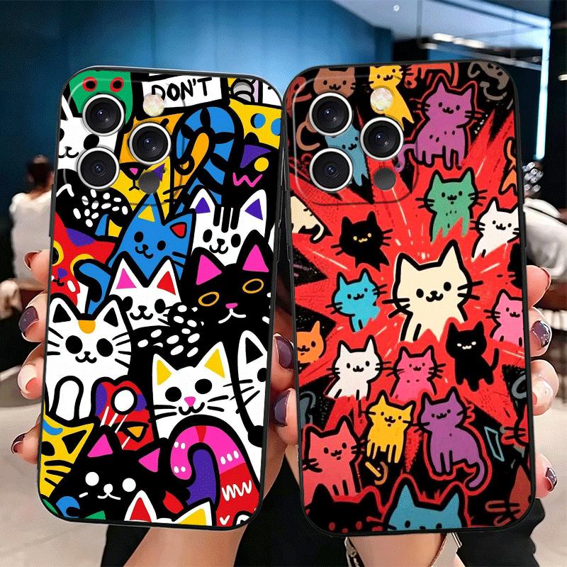 Cartoon Cute Cats Theme Soft Phone Case for iPhone 16 16E 17 Air 15 Pro Max 14 Plus 13 Mini 11 12 7 Black Cover Back Shell