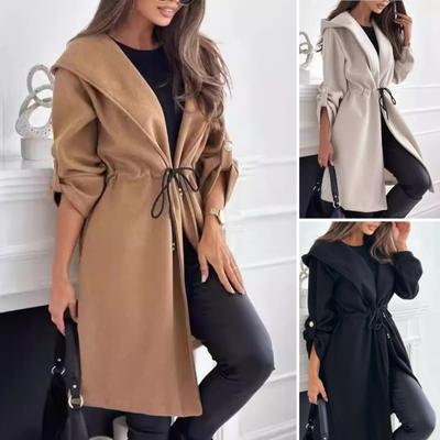 Manteau d'hiver pour femme avec cordon de serrage, taille fine, capuche, épais, couleur unie, mi-long, garde au chaud, manches longues, avec boutons de manchette, pour les déplacements quotidiens