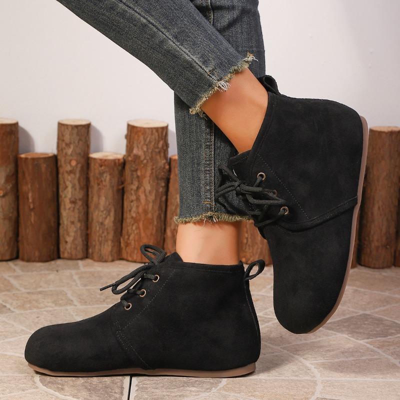 Herbst Neue Flache Baumwollstiefel Damen Runde Zehen Wildleder Schnürung Wollig Warm Rutschfest Verschleißfest Stiefeletten