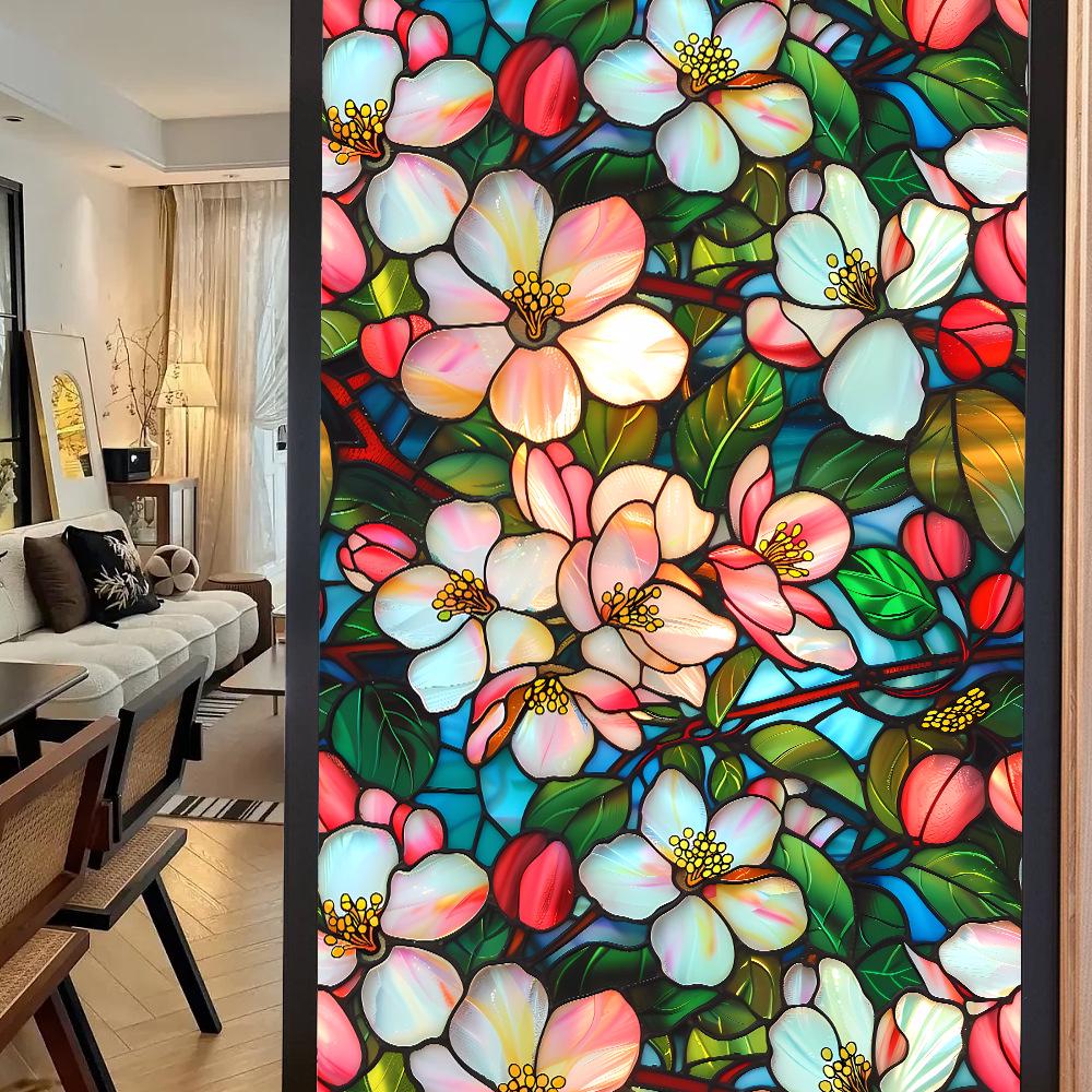 Colorful Retro Floral & Bird Static Cling Window Film - No Glue, Removable