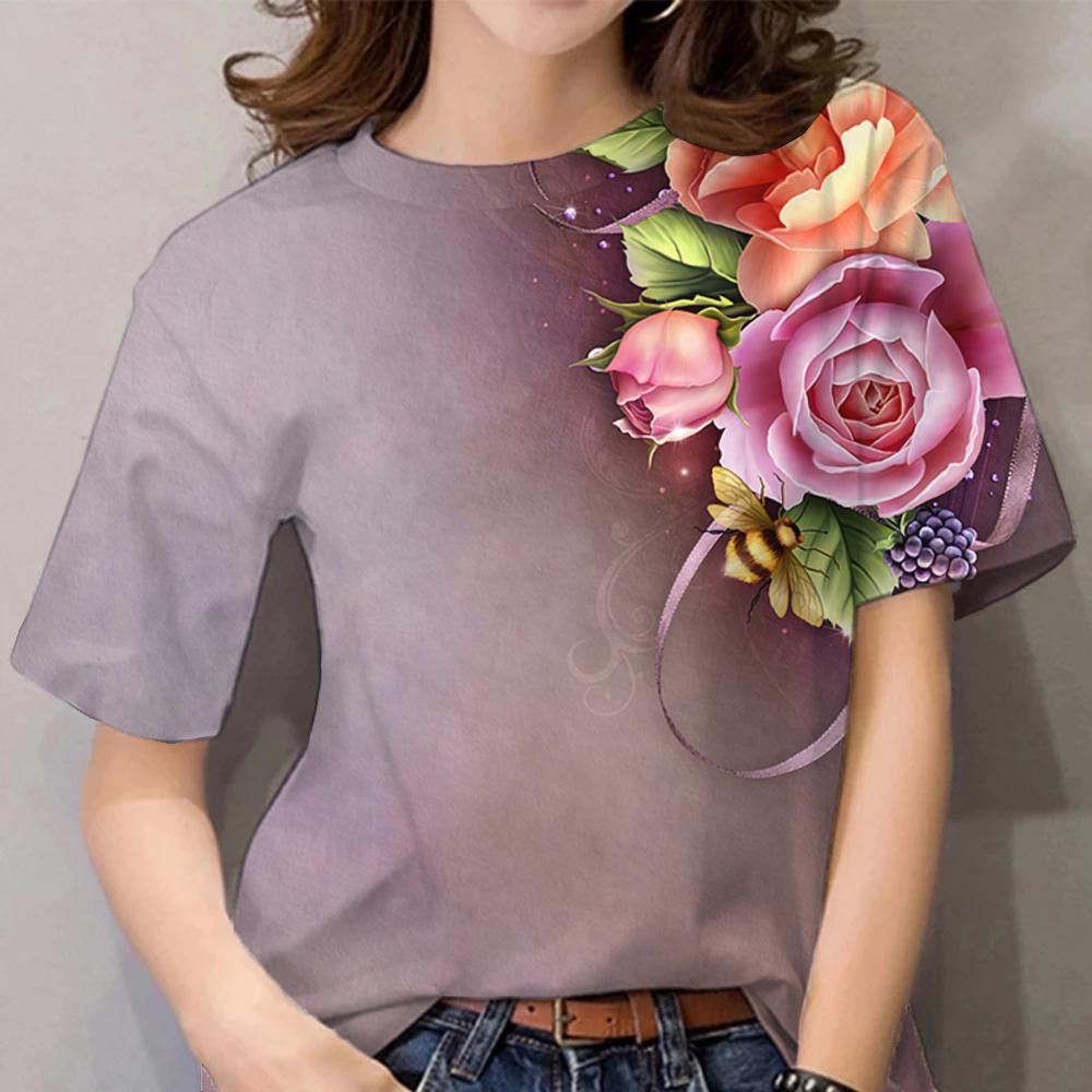 Damski T-shirt z kwiatowym nadrukiem Ubrania Harajuku Okrągły dekolt Casualowy Krótki rękaw Codzienny Y2k Bluzka Oversizeowe topy