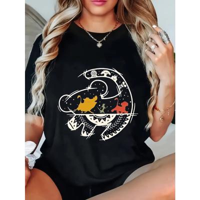 Damen Lässiges Lockeres T-Shirt Schwarz Cartoon Katze und Hund Weltraum Design Grafikdruck Top für Alltagskleidung und Streetstyle