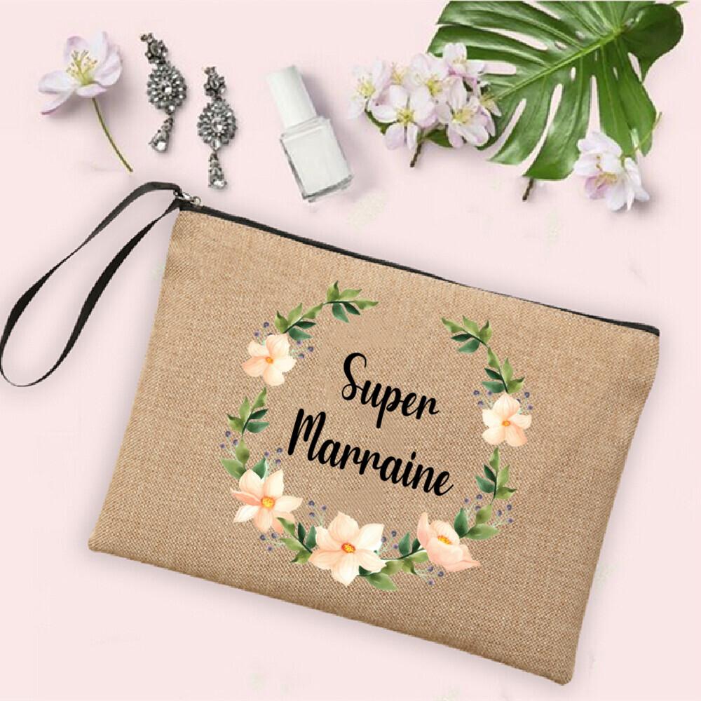 

Super Godmother Flower Print Cosmetic Bag Women Neceser Makeup Bag Linen Zipper Pouch Travel Toiletries Organizer Marraine Gifts