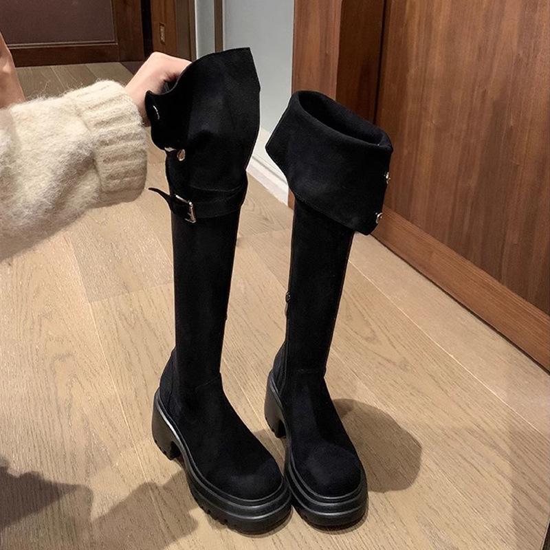 

New spot of the same style~ Autumn and winter 8cm thick-soled lamb wool thick heel high boots over the knee elastic thin boots women 40