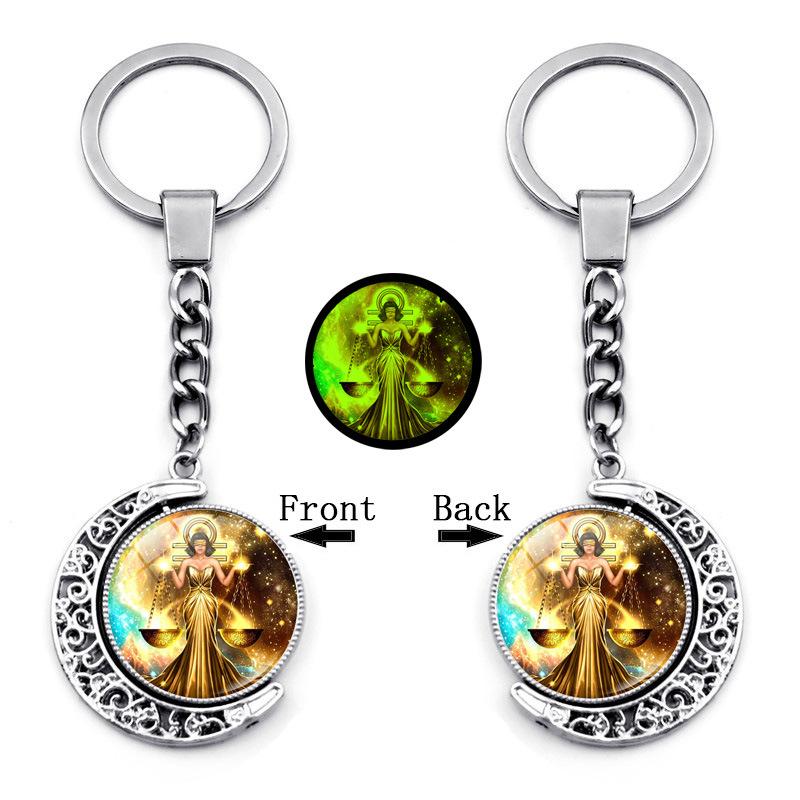 Luminous Twelve Constellations Time Gemstone Keychain Pendant Rotating Moon Pendant Metal Keychain Hanging Gift