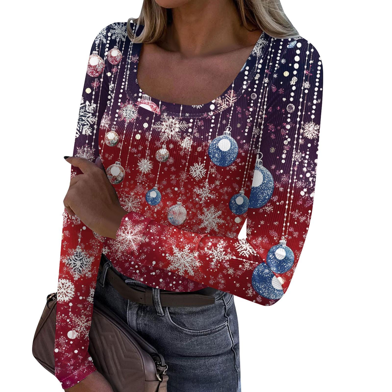 

Женская модная футболка с тонким низом, рождественский принт, пуловер с U-образным вырезом и длинными рукавами XXL красный