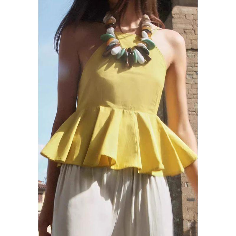 Spring/Summer New Women's Clothing Vacation Style Cotton Blended Poplin Hanging Collar Frill Vest Tops 3666089