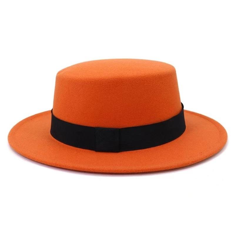 Autumn Winter Korean Version Flat-Top British Style Solid Color Top Hat Gentleman'S Jazz Hat Wide-Brimmed Flat-Brimmed Woolen Hats For Men And Women