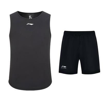 Solid Color Round Neck Sleeveless T-Shirt And Mid-Waist Elastic Shorts Casual Sports Set Men Sets Black ZHMB407-1+ZHMB063-2