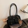 Womens Retro Solid Color Suede Leather Shoulder Bag with Multiple Pockets Large Capacity Comes with A Detachable Accessory Charm