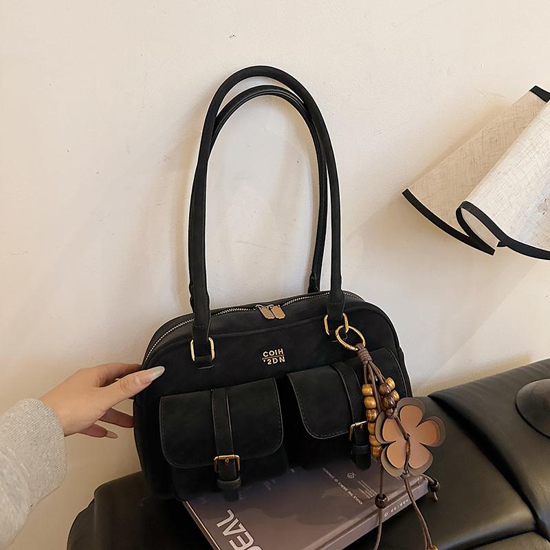 Womens Retro Solid Color Suede Leather Shoulder Bag with Multiple Pockets Large Capacity Comes with A Detachable Accessory Charm