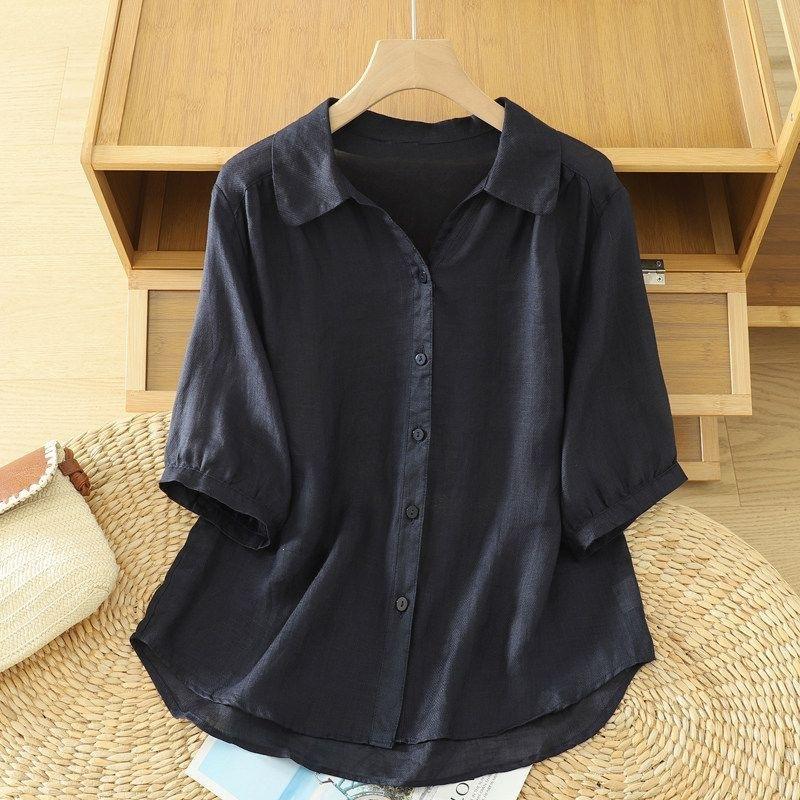 Women S Loose Short Sleeve V Neck Linen Cotton Blend Shirt Summer