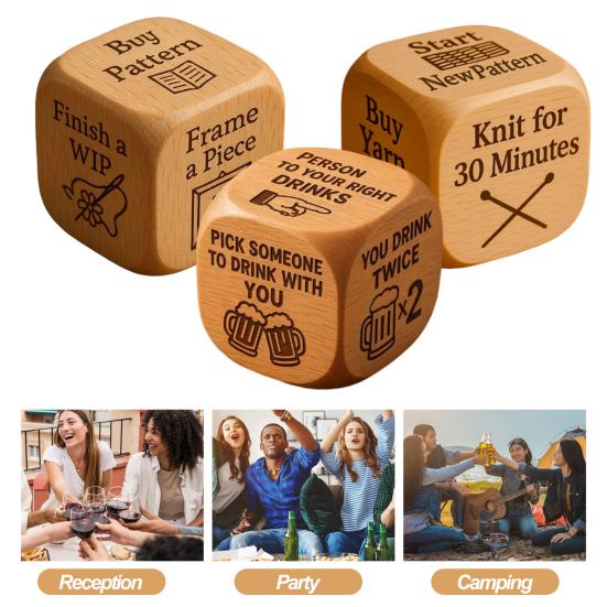 Decision Dice Handmade Wooden Embroidery/Knitting/Drinking Decision Dice with 6 Engraved Tasks Stocking Stuffers for Men Women