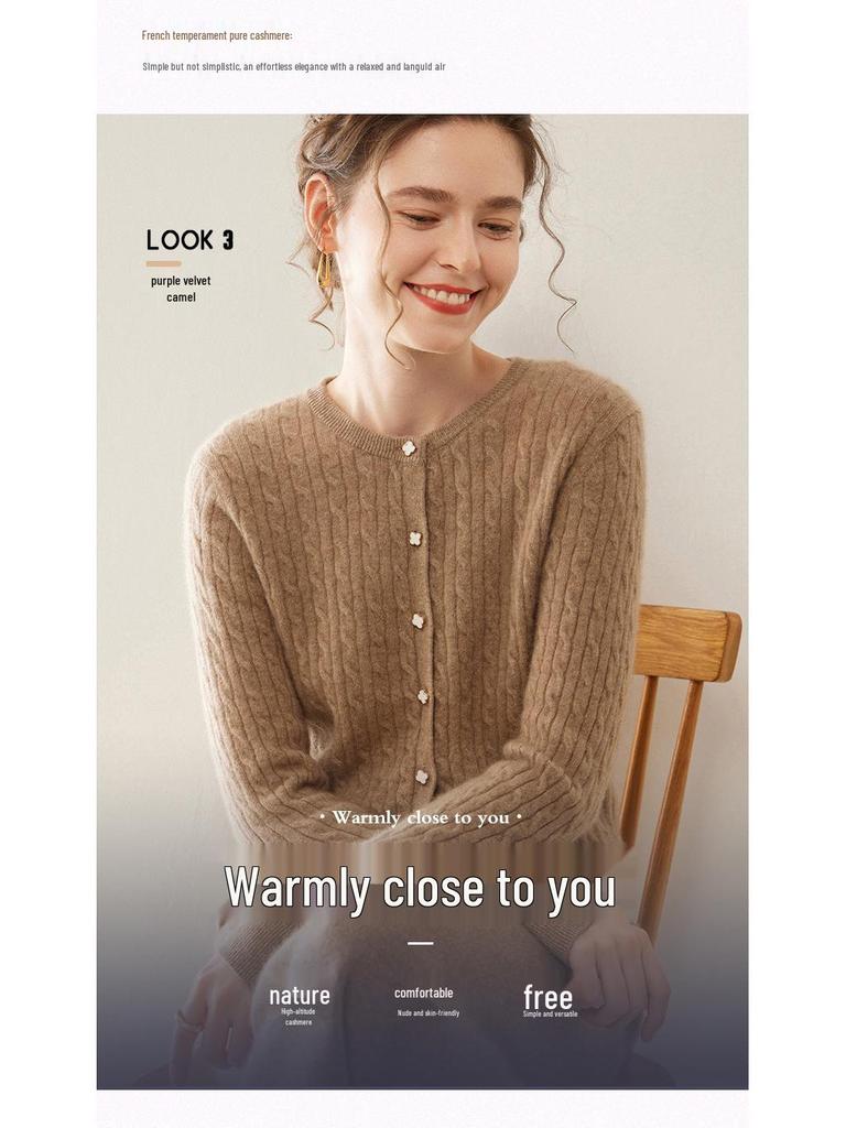 Women's Round Neck Cashmere Cable Knit Cardigan – Korean Style Slim Fit for Autumn and Winter