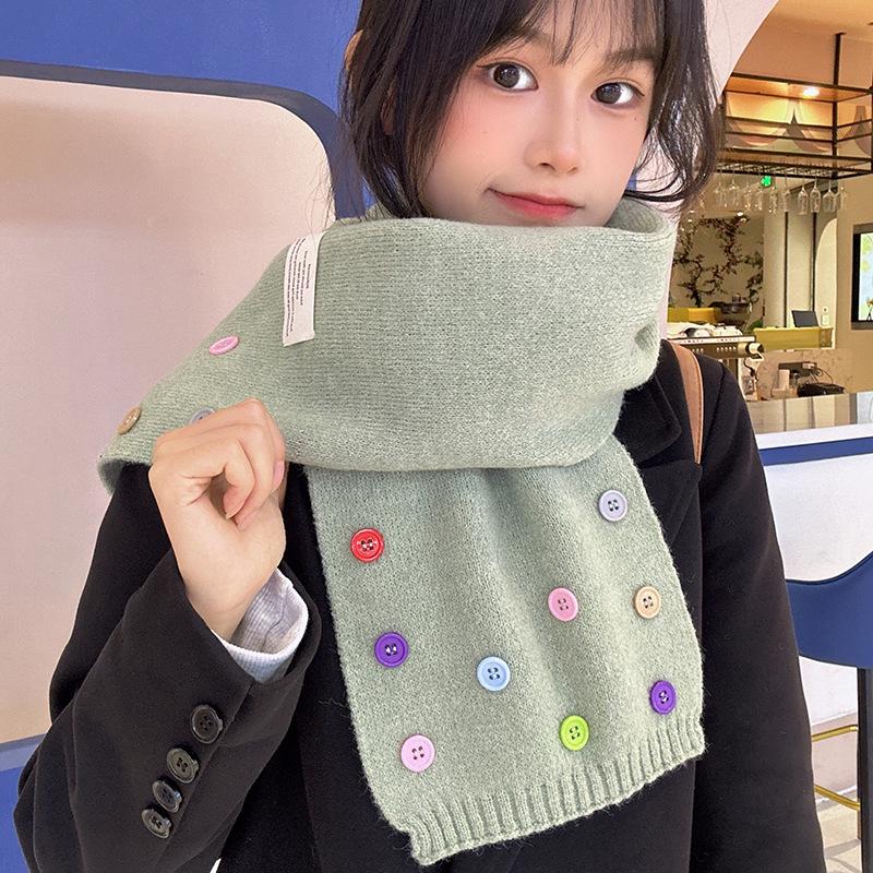 Luochi Knitting~Cute Button Korean Style Wool Scarf – Versatile, Thickened Neck Warmer, Solid Color, Sweet Winter Accessory.
