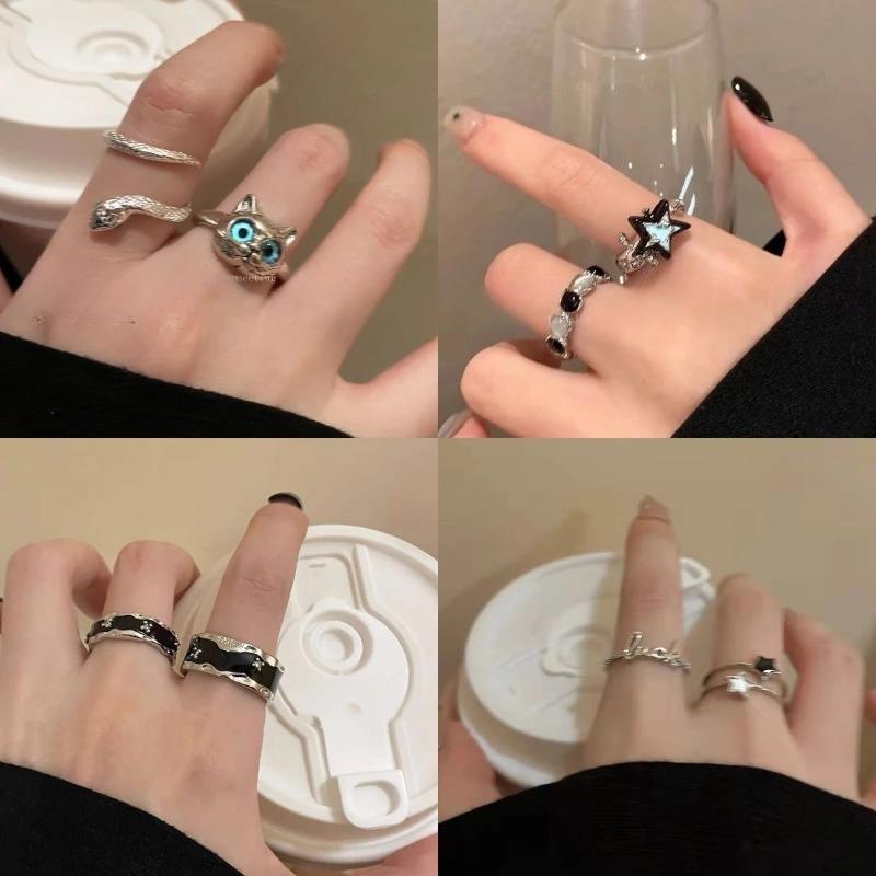 Fashion Y2k Accessories Open Ring Star Zircon Crystal Rings for Women Girls Double Layer Aesthetic Grunge Jewely Set