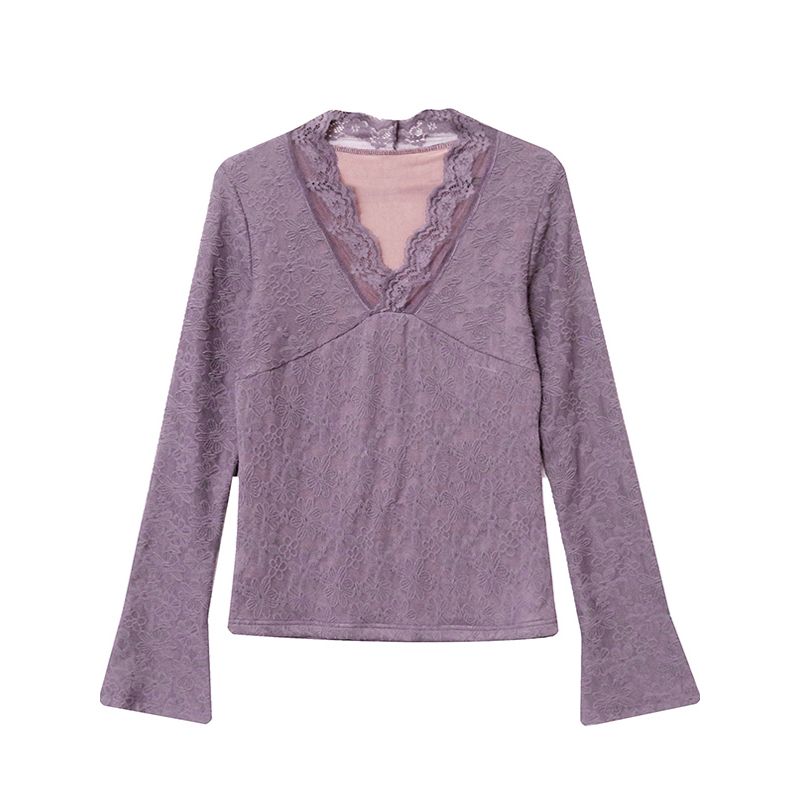 Plus Size Women's Clothing Fashion Spring/Summer New Arrival V-neck Lace Patchwork Mesh Flare Long Sleeved Fitted T-shirt Bottoming Shirt