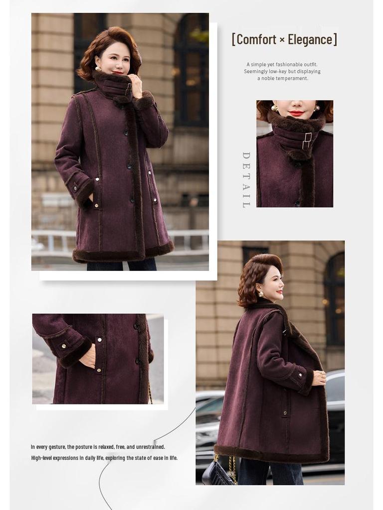 Women's Faux Leather and Fur Jacket with Fur Collar, Warm Thickened Coat for Middle-Aged & Elderly, 2025 New Style