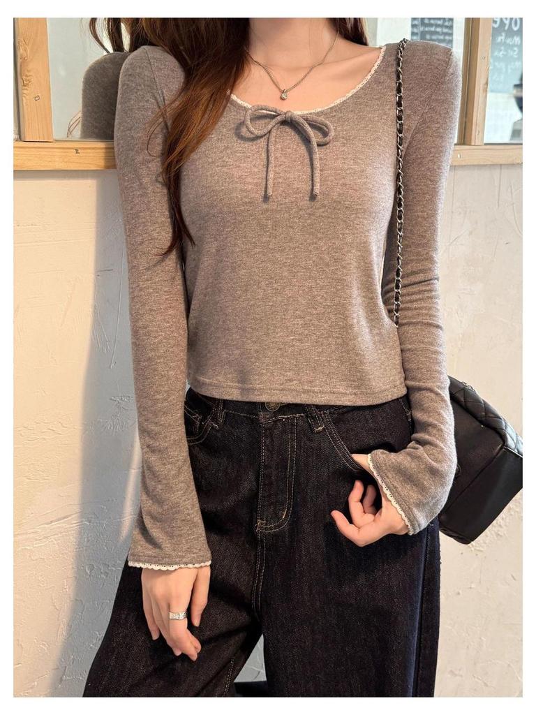 Women's Sweet & Spicy Bow Tie Lace Spliced Long Sleeve Slim Fit Top