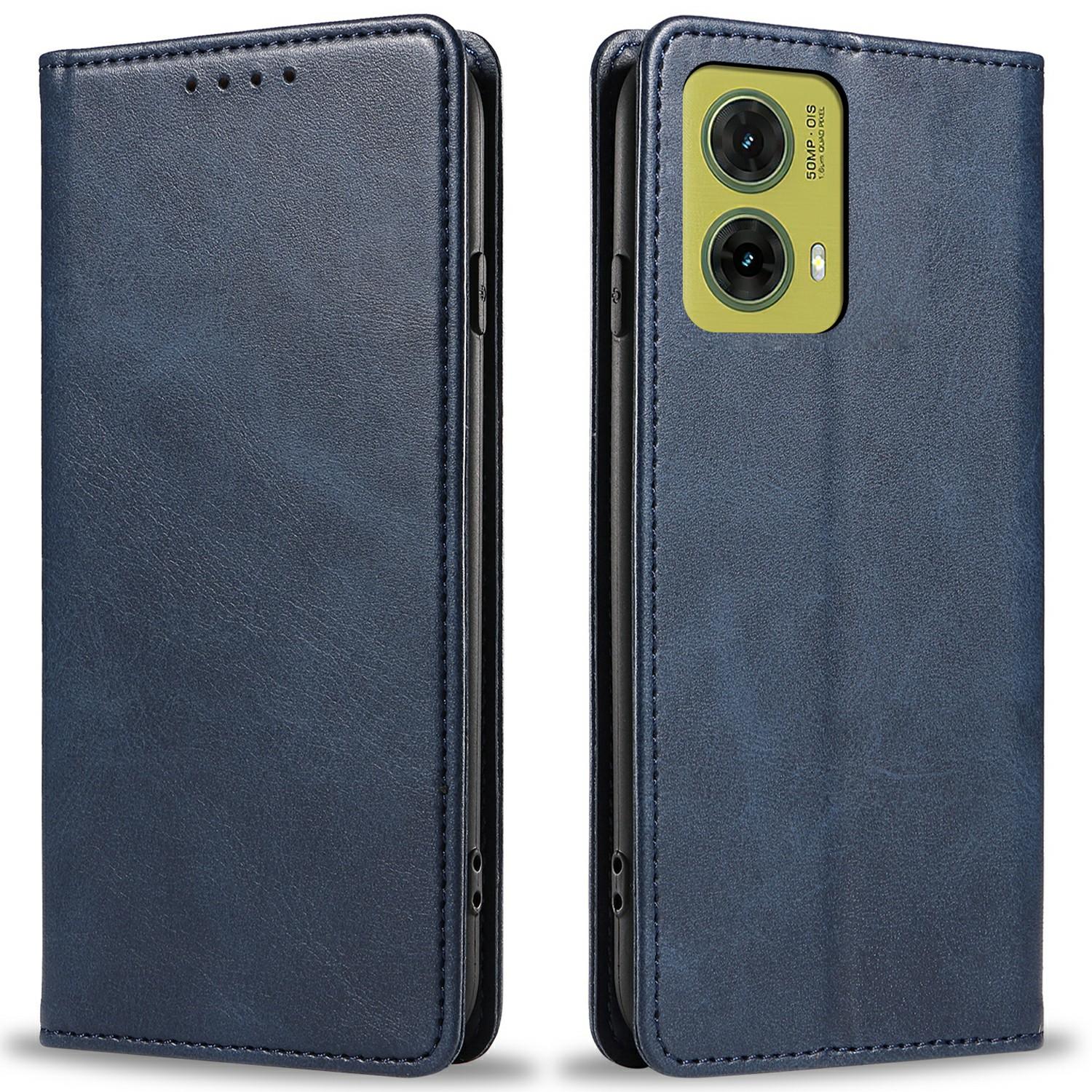 

For Motorola Moto G35 5G Case Strong Magnetic PU Leather Phone Cover Calf Texture Blue