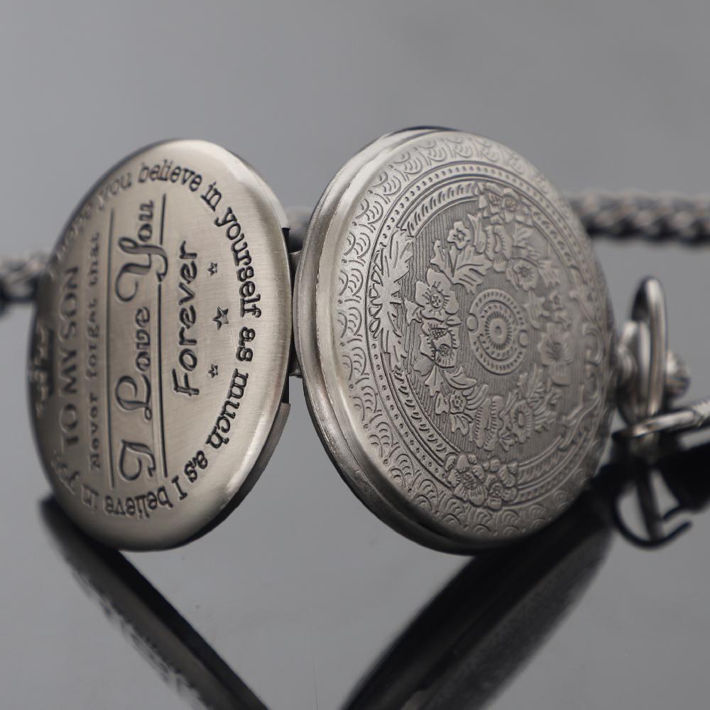 Rabatt FÜR MEINEN SOHN Vintage Bronze Taschenuhr Quarz Kette Anhänger Uhr Halskette Anhänger Kette Schmuck Geschenk Uhr für Männer