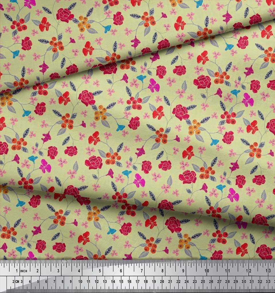 Soimoi Japonská krepová saténová látka Bobule, Listy a Květinový umělecký potisk Látka na metr 42 palců