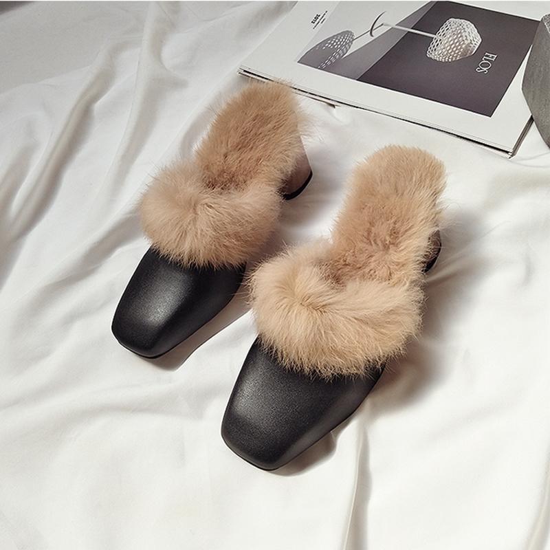 Fashion Autumn Winter Retro Square Toe Mules Women Warm Plush Fur Slippers Metal Thick Heel Slip On Flip Flops Comfort Furry Hair Slides