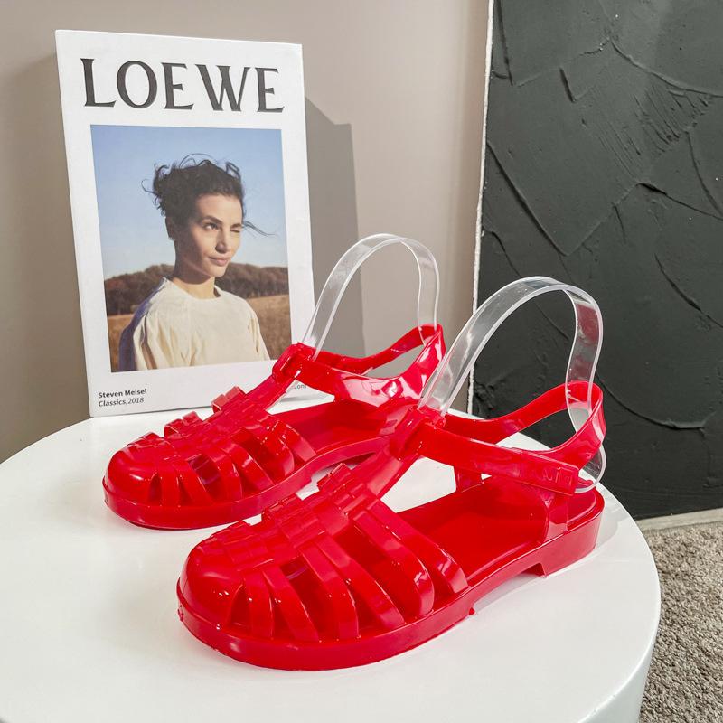 Sandali Trasparenti Estivi Baotou Romani Sandali da Donna Retrò Fondo Basso Cristallo Scarpe da Spiaggia Tacco Basso Plastica Scarpe Jelly