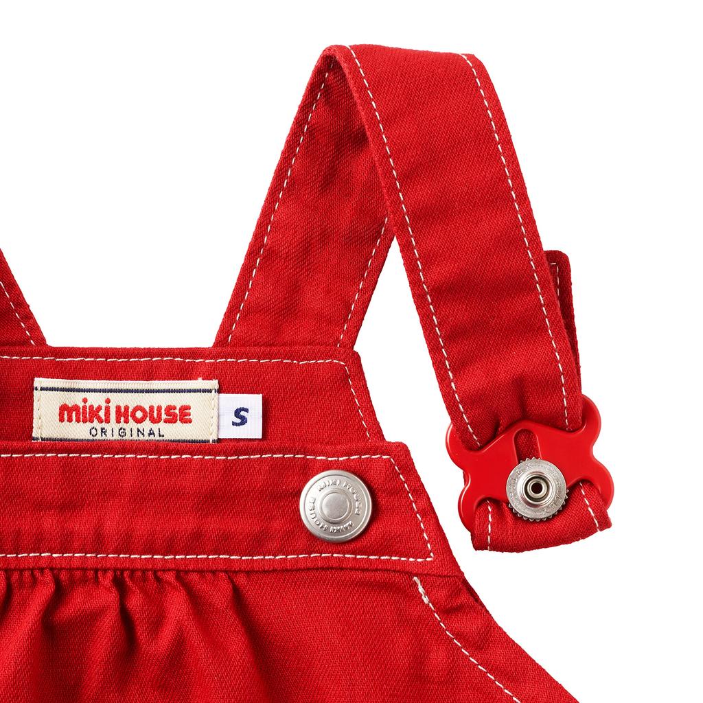 MIKI HOUSE Rompers/Overalls with Logo, Solid Color, Made in Japan, for Boys and Girls, Baby Clothes, Size S (70-80cm), Red, 10-1509-493