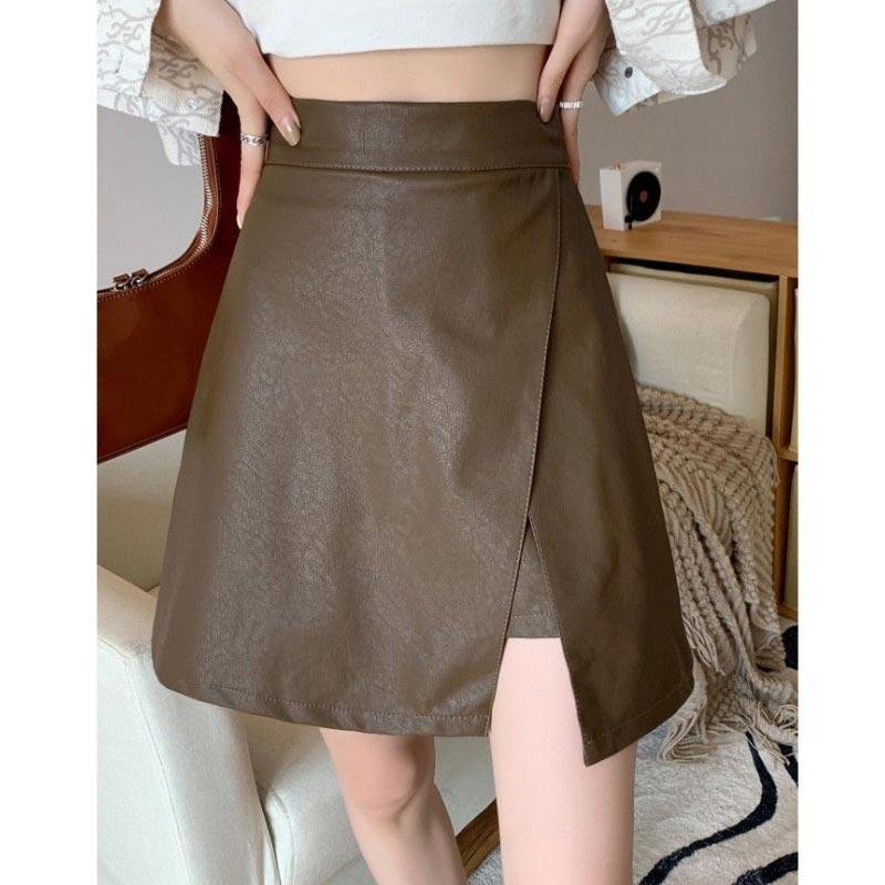 

Кожаная юбка из искусственной кожи с нерегулярным разрезом, женские шорты трапециевидной формы, мини-юбка с высокой талией, женская одежда, корейский стиль, черный, коричневый S коричневый