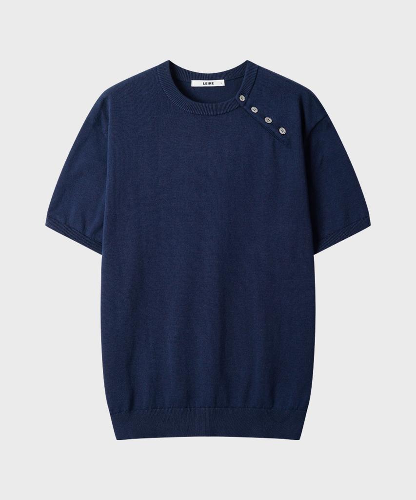 LEIRE Diagonal Henley Neck Short Sleeve Knit [Navy]