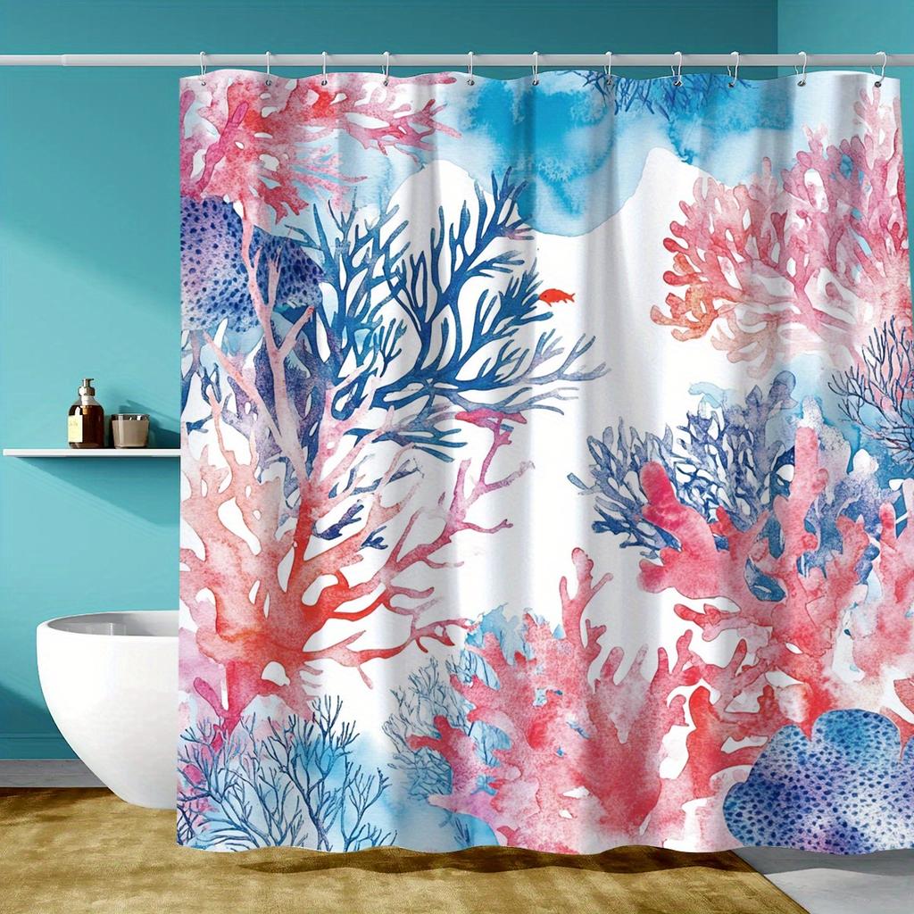 1 Polyester Shower Curtain - Vibrant Watercolor Coral Reef Digital Print, Bathroom Decor with Hooks, Bathroom Shower Curtain