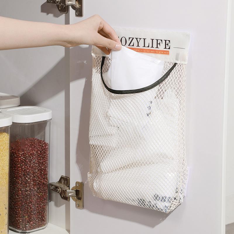 Wall-Mounted Large-Capacity Kitchen Garbage Bag Storage with Velcro Net