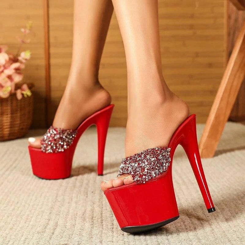 Eilyken Design Style Sequin Cloth Women Slippers Sexy Platform Ultra Thin High Heels Stripper Slide Shoes BIG Szie 43
