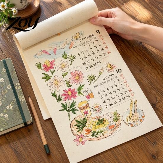 Aesthetic Wall Hanging Decor 2027 Calendar with Wind And Flower Illustrations, Hand-Painted Retro Linen Hand Painted Texture Paper, 12 Month