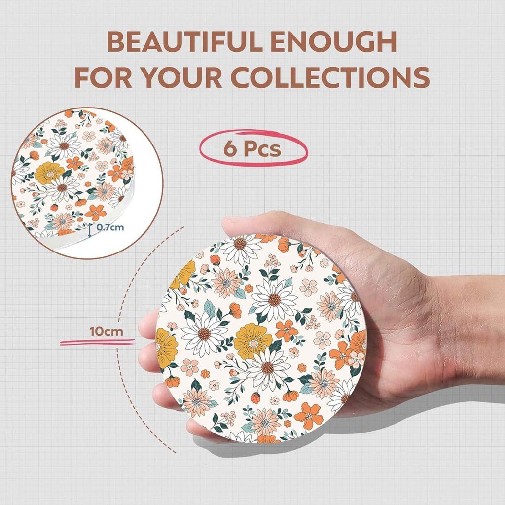 Ceramic Coasters with Matt Finish On Top & Cork Base | Coasters for Cups Set of 6 |