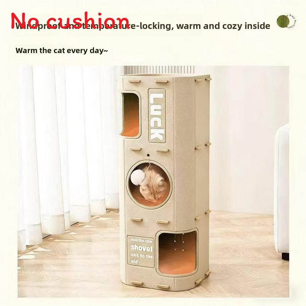 Cat Scratching Post With Multistory Cat House Made Of Polyester And Felt For Indoor Play