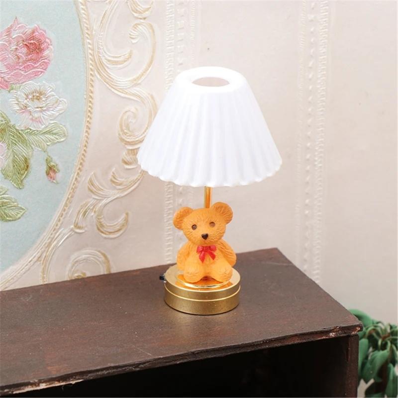 Bear Bedroom Table Lamp Miniature Furniture Model Doll Houses Accessory Realistic Lighting Toy Playset 1:12